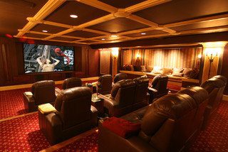 Traditional Media Room With Hickory Wood Floor
