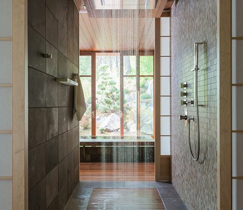 Walk In Shower With Hardwood Floors In Background