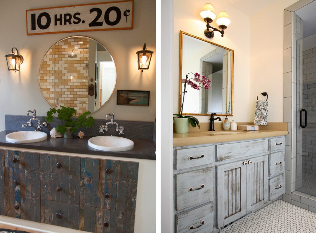 Two bathrooms with reclaimed wood cabinets