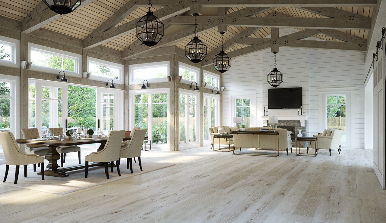 Large Room with Wood Ceiling and light floors