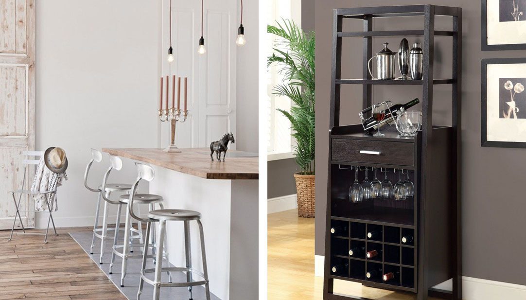 Right: an island with bar with metal bar stools. Left: a dark wood at home bar