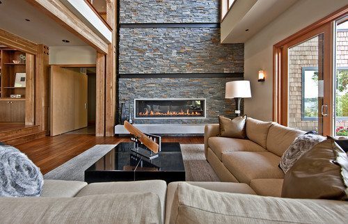 wide plank floor In contemporary Living Room