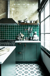 teal green and white kitchen