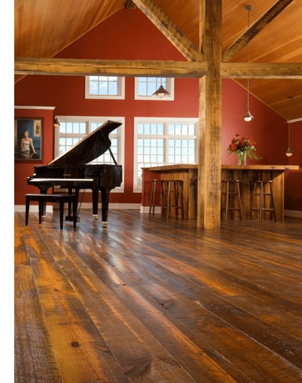 salvaged hardwood floor in living room