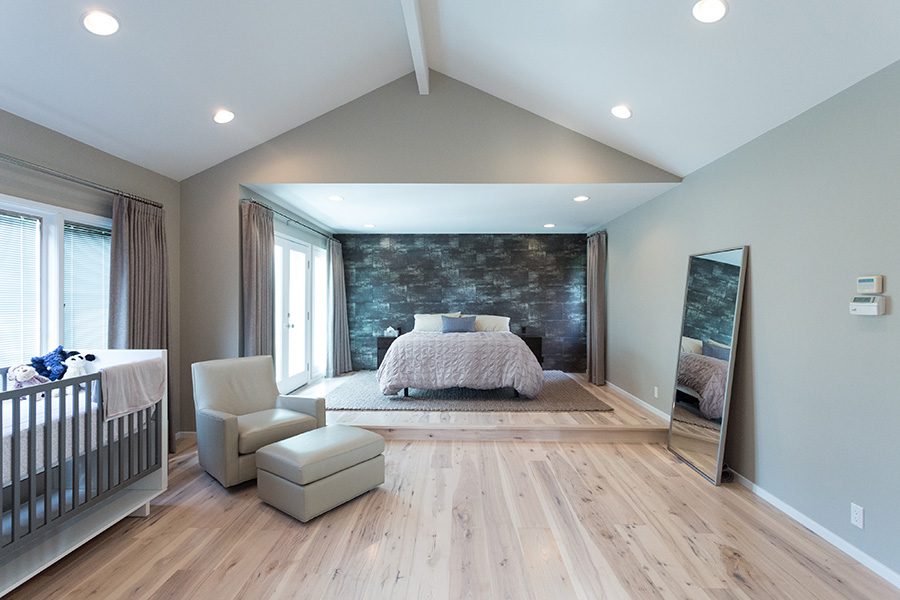 Contemporary Bedroom with Whitewashed Hickory Floors