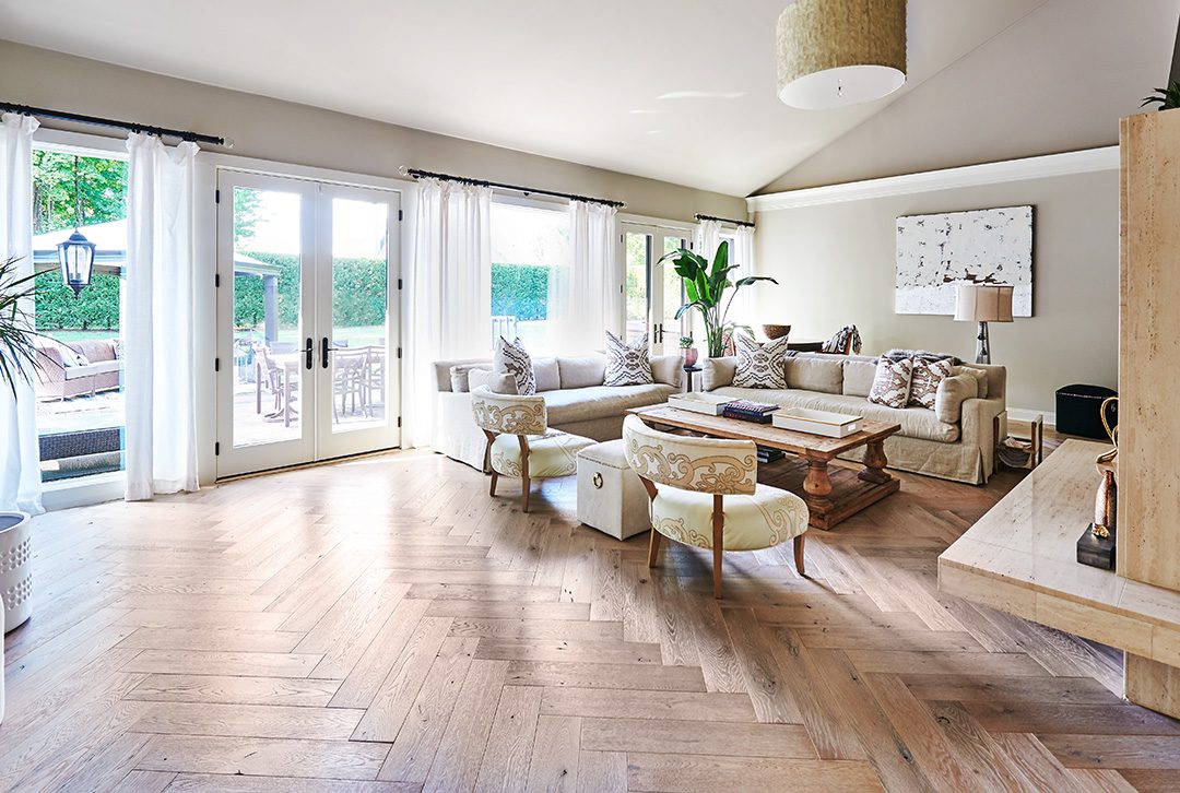 white oak herringbone floor in rustic living room