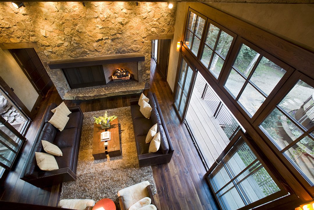Dark Wood Floor in Rustic Living room View from ceiling