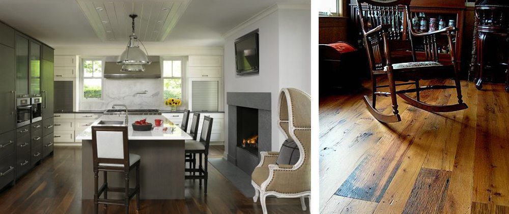 Left: bright white kitchen with dark hardwood flooring. Right: reclaimed antique hardwood flooring